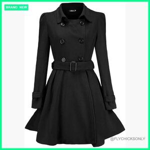 Double Breasted Wool Blend Trench Coat with Belt Slim Fit Flared